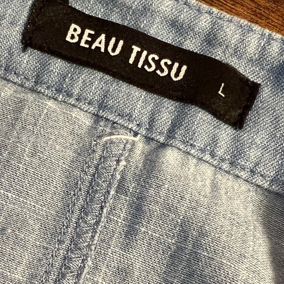 Beau Tissu Chambray Cotton Floral Embroidered Mini Pencil Button Up Skirt Size L - Picture 6 of 7